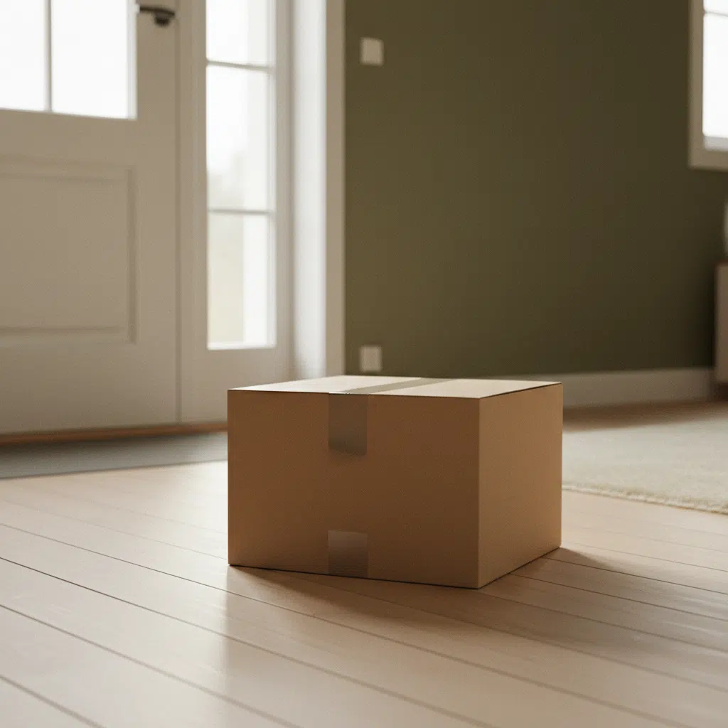 Prydligt kraft-paket på ett bord nära en ljus ytterdörr - leverans av Zoriva
