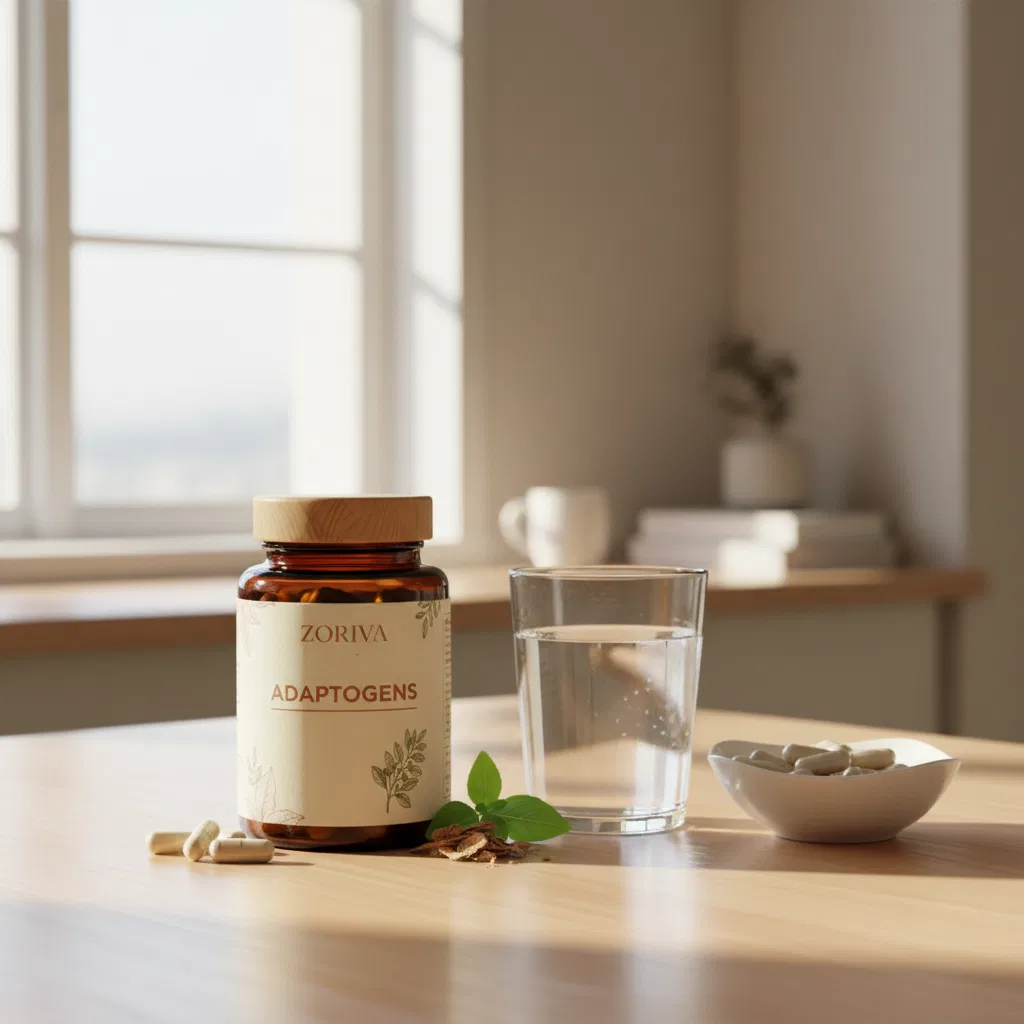 Zoriva-burk på ett ljust köksbord bredvid ett glas vatten och en skål med mandlar